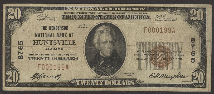 Huntsville, AL, 1929T1 $20, F000199A, AF